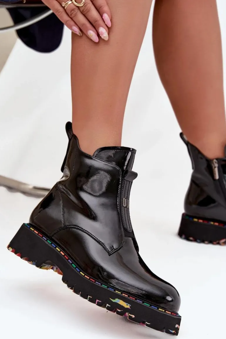 Lakierowane Botki Damskie Z Naturalnej Skóry Ocieplane Artiker 57C0166 Czarne