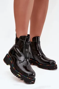 Lakierowane Botki Damskie Z Naturalnej Skóry Ocieplane Artiker 57C0166 Czarne