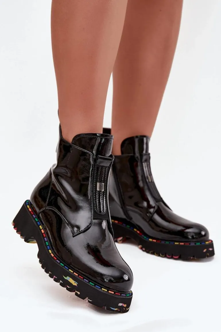 Lakierowane Botki Damskie Z Naturalnej Skóry Ocieplane Artiker 57C0166 Czarne