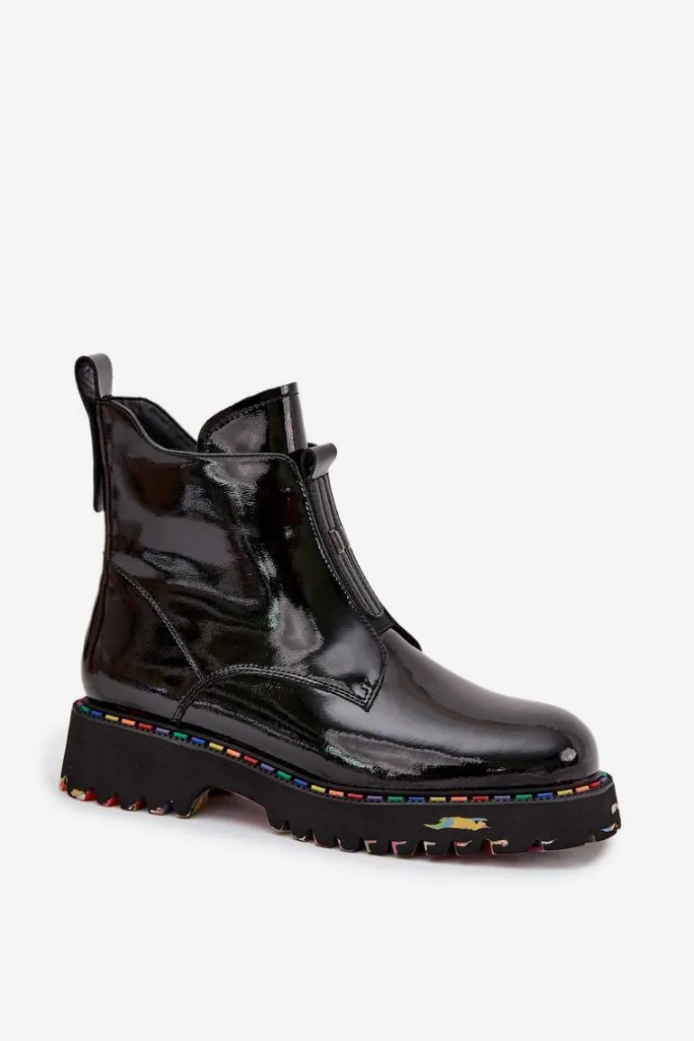 Lakierowane Botki Damskie Z Naturalnej Skóry Ocieplane Artiker 57C0166 Czarne