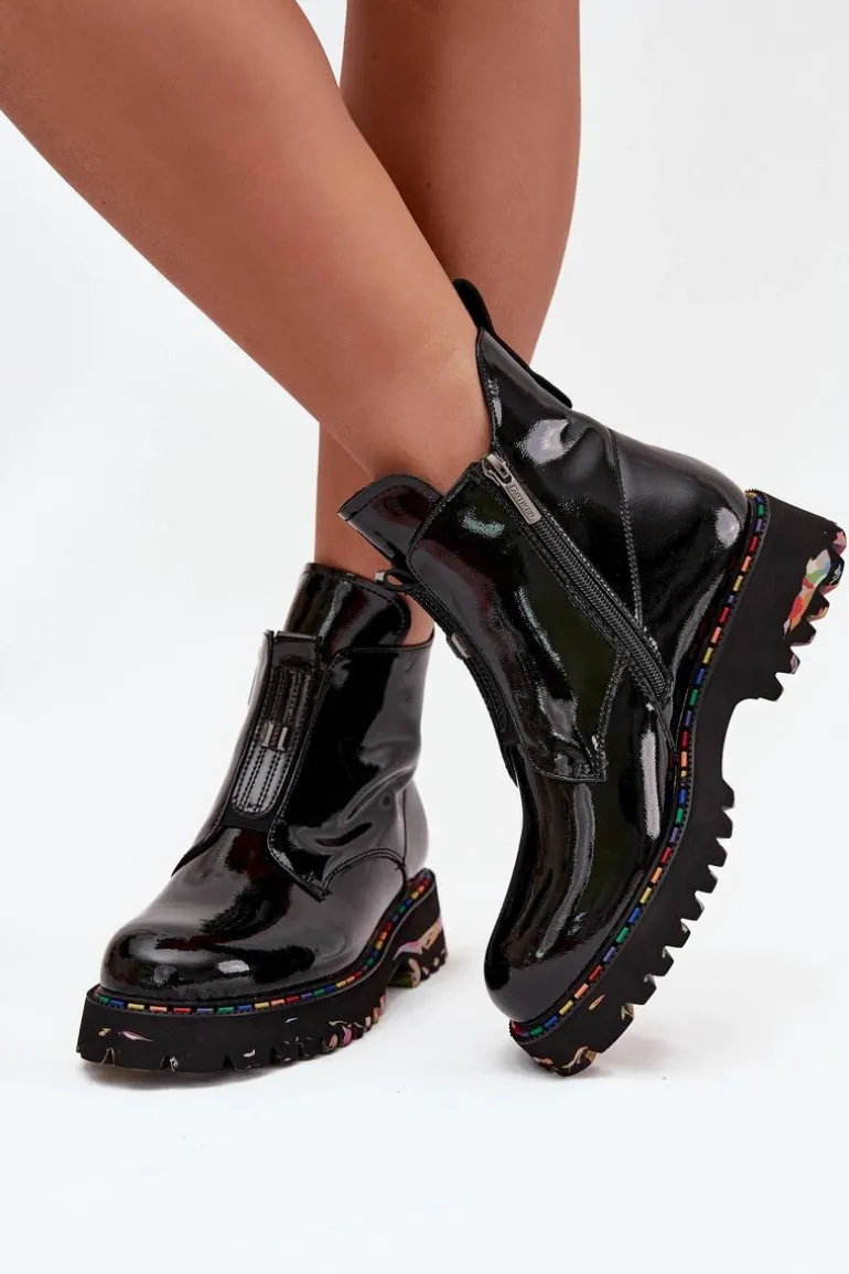 Lakierowane Botki Damskie Z Naturalnej Skóry Ocieplane Artiker 57C0166 Czarne