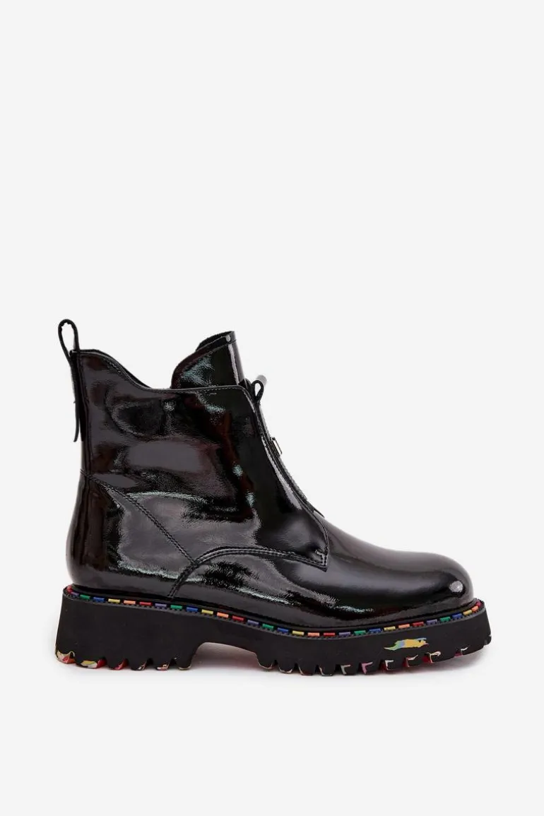 Lakierowane Botki Damskie Z Naturalnej Skóry Ocieplane Artiker 57C0166 Czarne