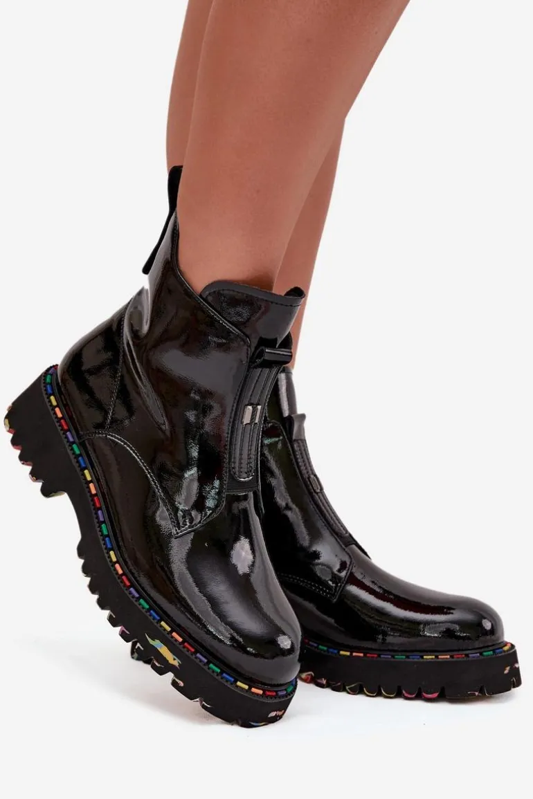 Lakierowane Botki Damskie Z Naturalnej Skóry Ocieplane Artiker 57C0166 Czarne