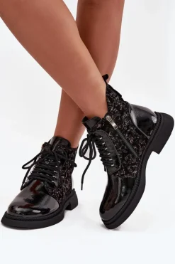 Lakierowane Botki Damskie Ocieplane D&A CR52-613 Czarne