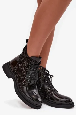 Lakierowane Botki Damskie Ocieplane D&A CR52-613 Czarne