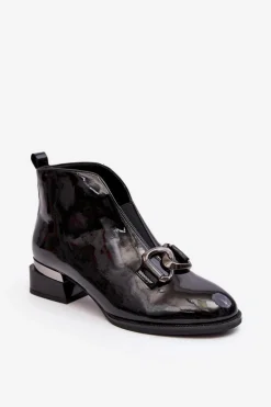 Lakierowane Botki Damskie Na Niskim Obcasie Ocieplane Czarne Loos