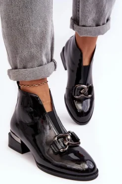 Lakierowane Botki Damskie Na Niskim Obcasie Ocieplane Czarne Loos