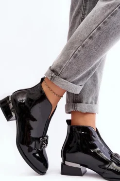 Lakierowane Botki Damskie Na Niskim Obcasie Ocieplane Czarne Loos