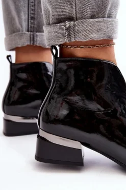Lakierowane Botki Damskie Na Niskim Obcasie Ocieplane Czarne Loos