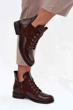 Lakierowane Botki Damskie Z Ozdobnym Tłoczeniem Ocieplane Vinceza 16477 Brązowe