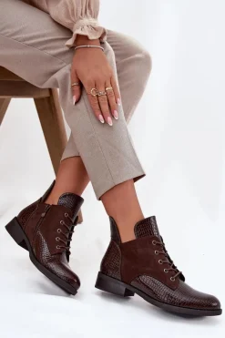 Lakierowane Botki Damskie Z Ozdobnym Tłoczeniem Ocieplane Vinceza 16477 Brązowe