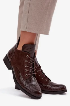 Lakierowane Botki Damskie Z Ozdobnym Tłoczeniem Ocieplane Vinceza 16477 Brązowe