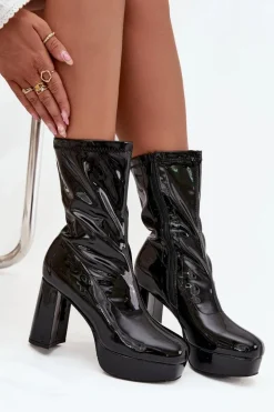 Lakierowane Botki Damskie Na Platformie I Słupkowym Obcasie Czarne Calvessa
