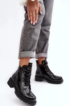 Lakierowane Botki Damskie Na Suwak S.Barski HY93-91 Czarne