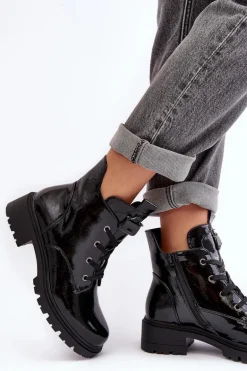 Lakierowane Botki Damskie Na Suwak S.Barski HY93-91 Czarne