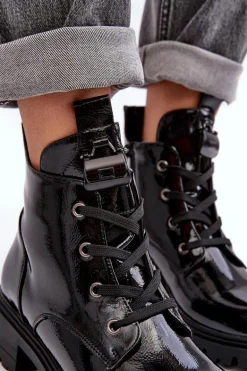 Lakierowane Botki Damskie Na Suwak S.Barski HY93-91 Czarne