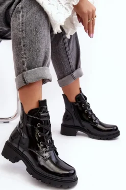 Lakierowane Botki Damskie Na Suwak S.Barski HY93-91 Czarne