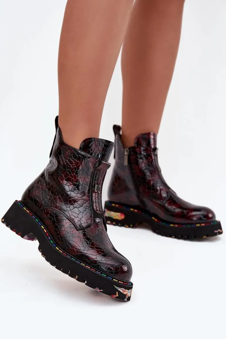 Lakierowane Botki Damskie Z Naturalnej Skóry Ocieplane Artiker 57C0165 Bordowe