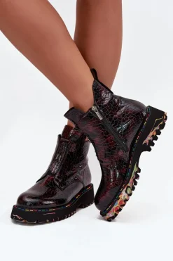 Lakierowane Botki Damskie Z Naturalnej Skóry Ocieplane Artiker 57C0165 Bordowe