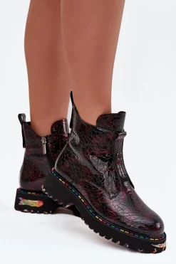 Lakierowane Botki Damskie Z Naturalnej Skóry Ocieplane Artiker 57C0165 Bordowe