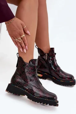 Lakierowane Botki Damskie Z Naturalnej Skóry Ocieplane Artiker 57C0165 Bordowe