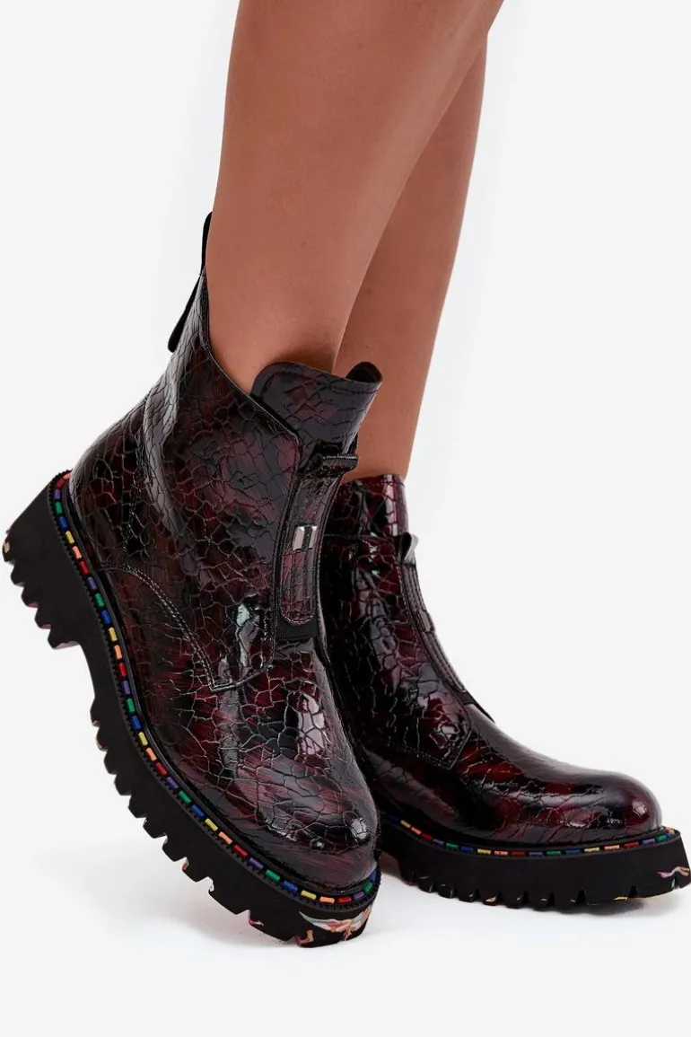 Lakierowane Botki Damskie Z Naturalnej Skóry Ocieplane Artiker 57C0165 Bordowe