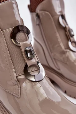 Lakierowane Botki Damskie Z Ozdobą Beżowe S.Barski MR870-53