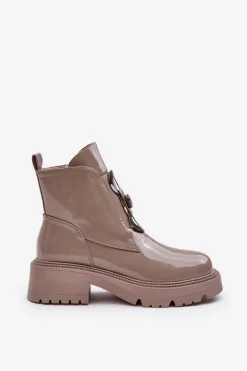 Lakierowane Botki Damskie Z Ozdobą Beżowe S.Barski MR870-53