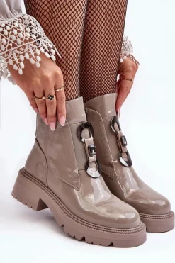 Lakierowane Botki Damskie Z Ozdobą Beżowe S.Barski MR870-53