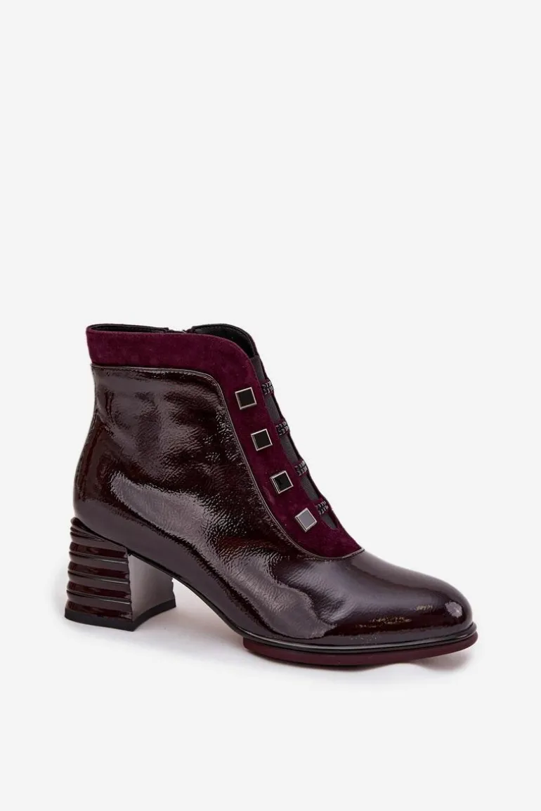 Lakierowane Botki Damskie Z Naturalnej Skóry Na Słupku D&A CR52-696 Bordowe