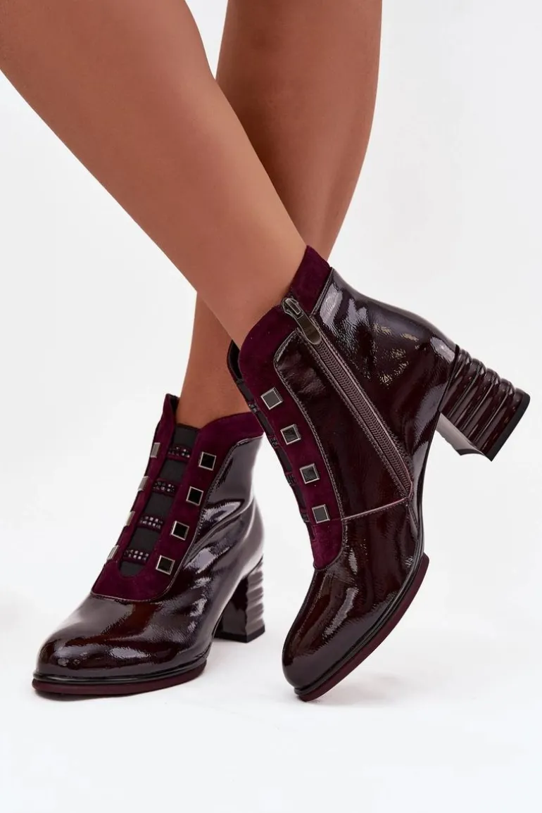 Lakierowane Botki Damskie Z Naturalnej Skóry Na Słupku D&A CR52-696 Bordowe