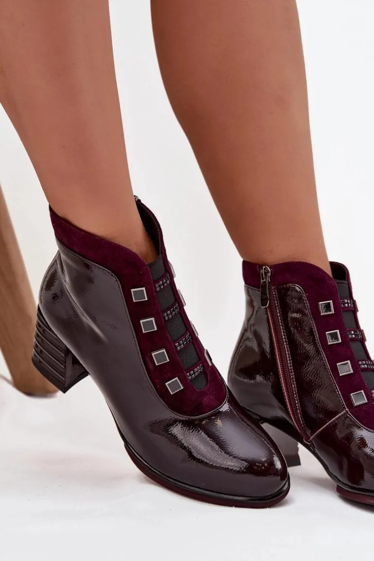 Lakierowane Botki Damskie Z Naturalnej Skóry Na Słupku D&A CR52-696 Bordowe