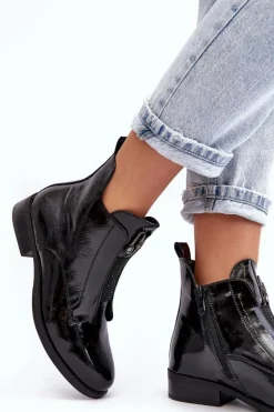 Lakierowane Botki Damskie Na Płaskim Obcasie Ocieplane Czarne S.Barski HY75-120 Czarne