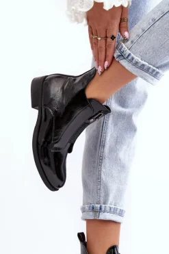 Lakierowane Botki Damskie Na Płaskim Obcasie Ocieplane Czarne S.Barski HY75-120 Czarne