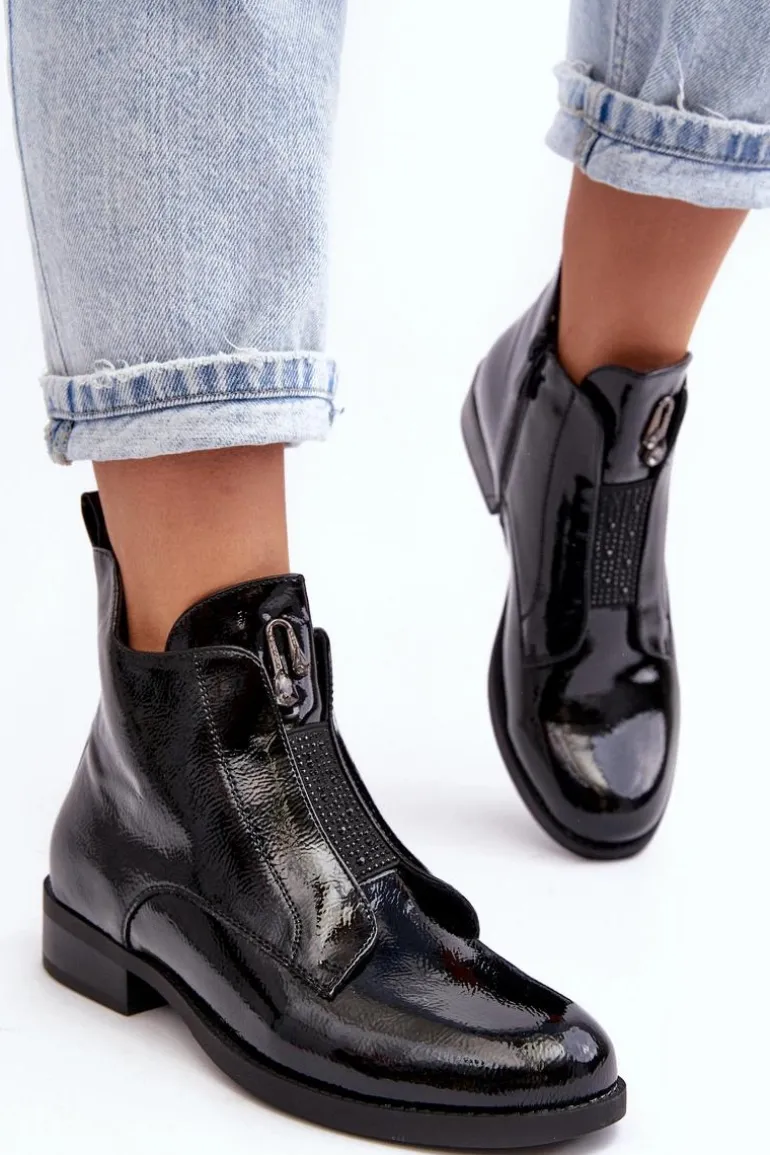 Lakierowane Botki Damskie Na Płaskim Obcasie Ocieplane Czarne S.Barski HY75-120 Czarne