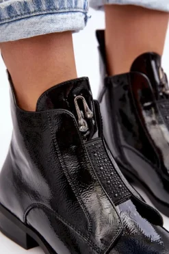 Lakierowane Botki Damskie Na Płaskim Obcasie Ocieplane Czarne S.Barski HY75-120 Czarne