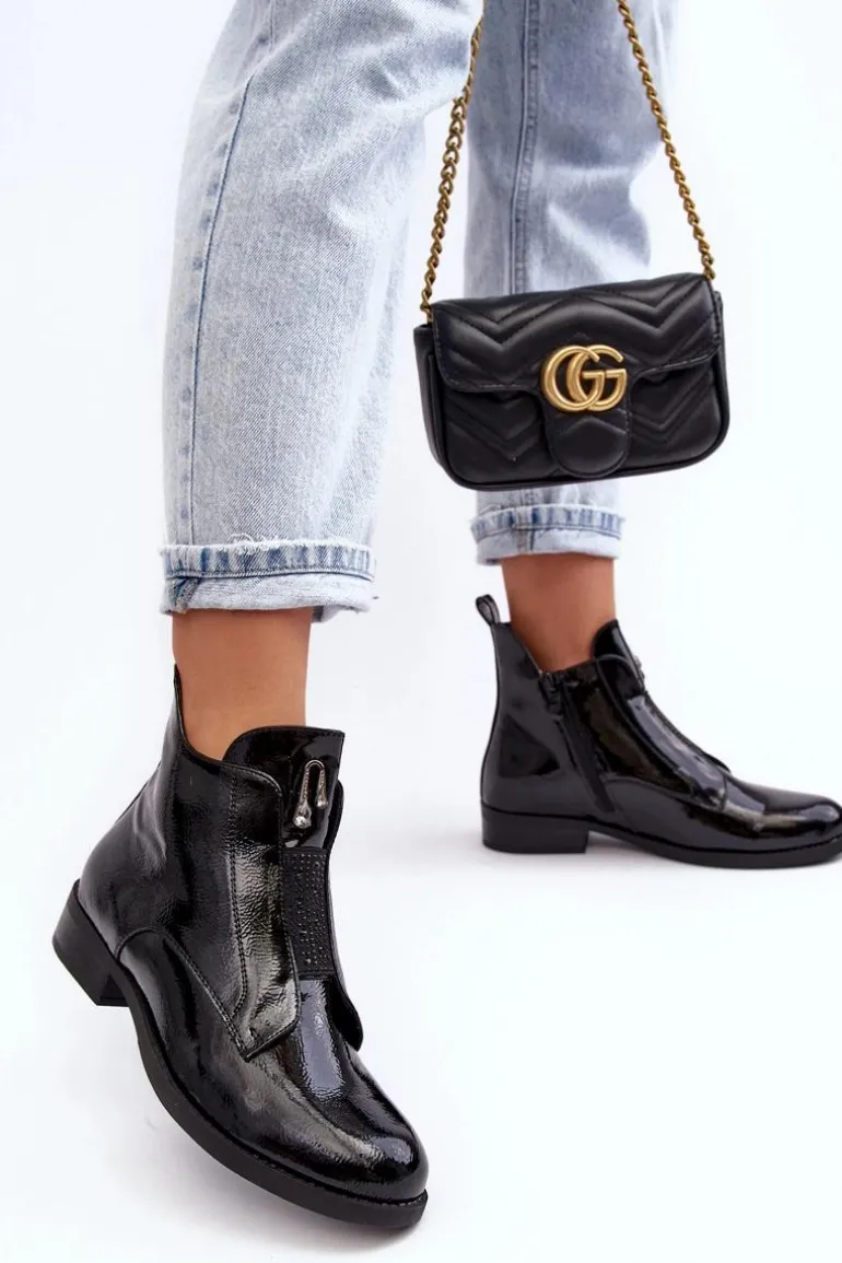 Lakierowane Botki Damskie Na Płaskim Obcasie Ocieplane Czarne S.Barski HY75-120 Czarne