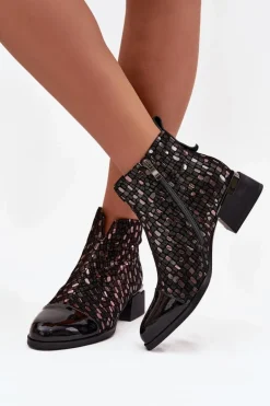 Lakierowane Botki Damskie Z Naturalnej Skóry Na Niskim Obcasie D&A LZ52-960 Czarne