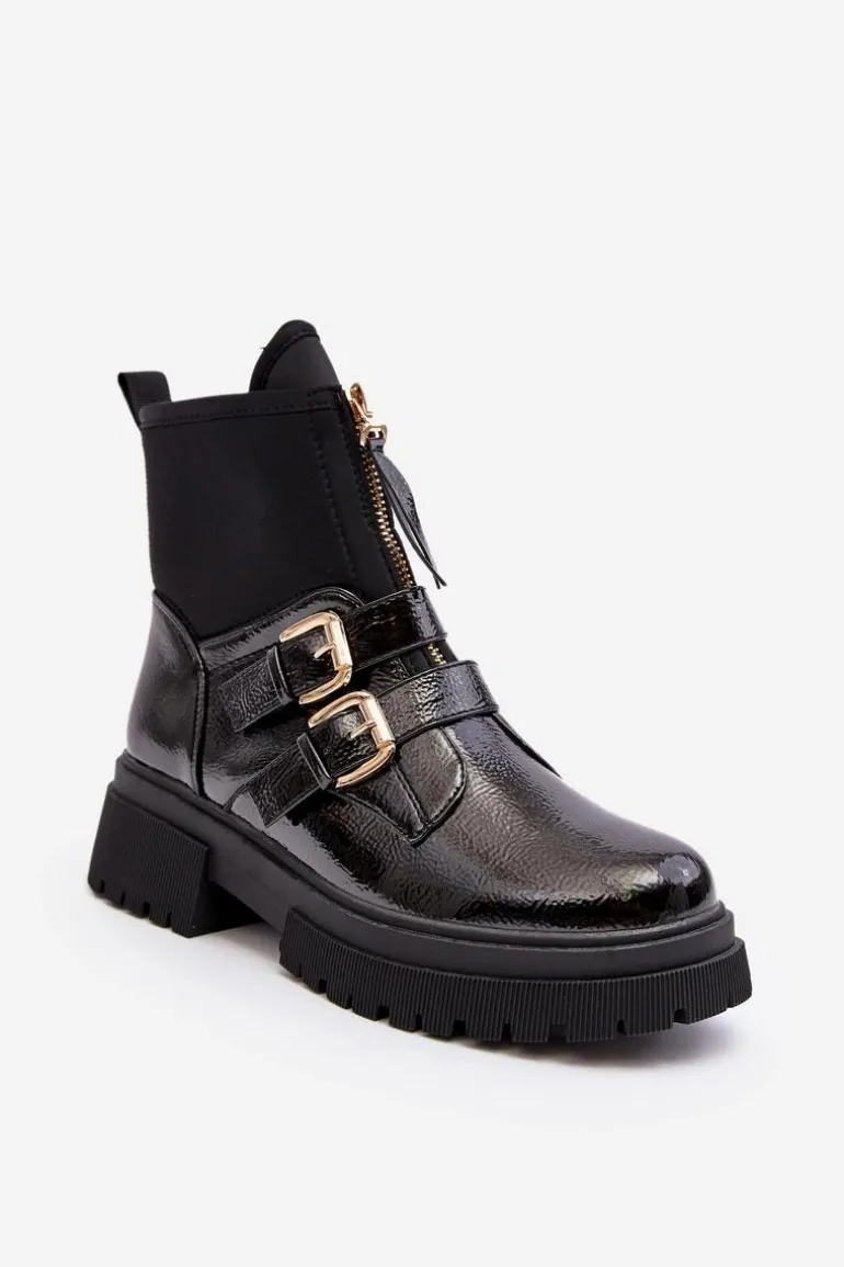 Lakierowane Botki Damskie Na Płaskim Obcasie Czarne Rellisa