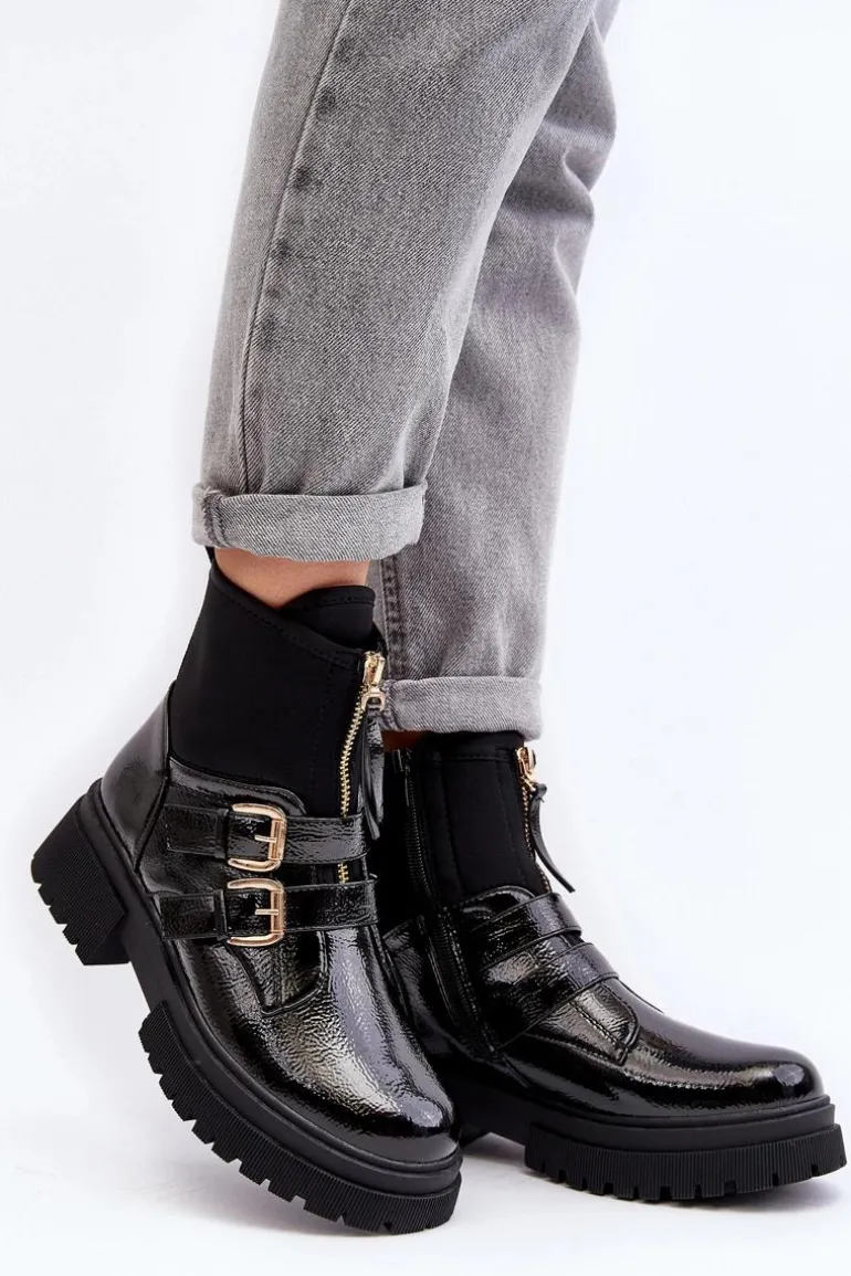 Lakierowane Botki Damskie Na Płaskim Obcasie Czarne Rellisa