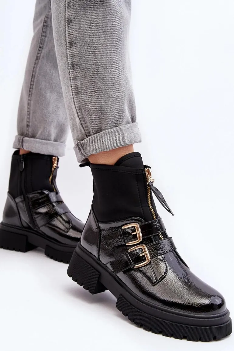 Lakierowane Botki Damskie Na Płaskim Obcasie Czarne Rellisa