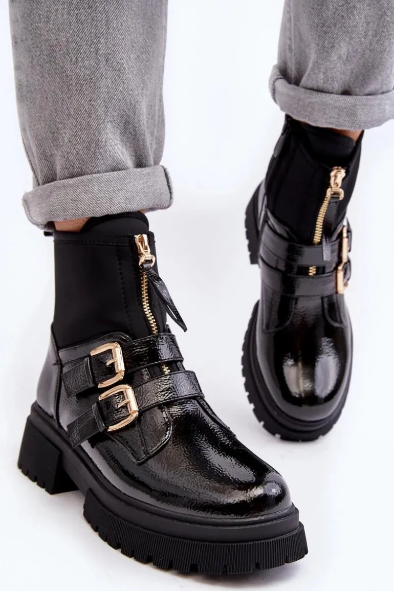 Lakierowane Botki Damskie Na Płaskim Obcasie Czarne Rellisa