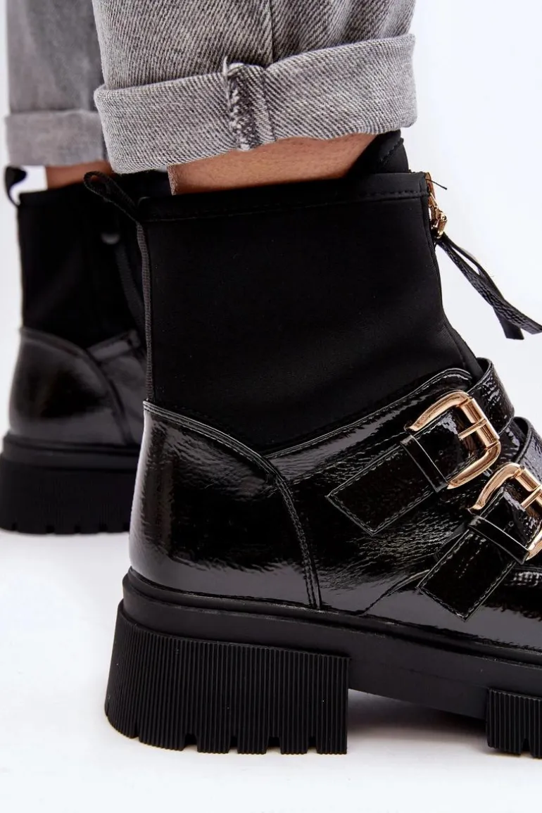 Lakierowane Botki Damskie Na Płaskim Obcasie Czarne Rellisa