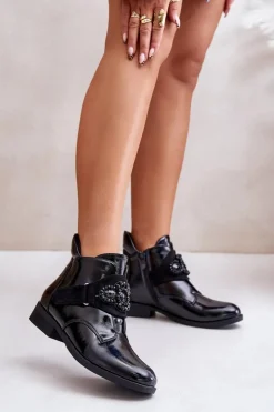 Lakierowane Botki Damskie Z Ozdobą Ocieplane S.Barski HY42-021 Czarne