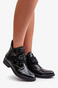 Lakierowane Botki Damskie Z Ozdobą Ocieplane S.Barski HY42-021 Czarne