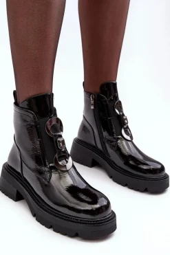 Lakierowane Botki Damskie Z Ozdobą Czarne S.Barski MR870-53