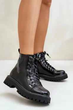 Lakierowane Botki Damskie Na Zamek Z Ozdobnym Sercem Czarne Obeena