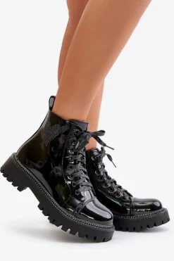 Lakierowane Botki Damskie Na Zamek Z Ozdobnym Sercem Czarne Obeena