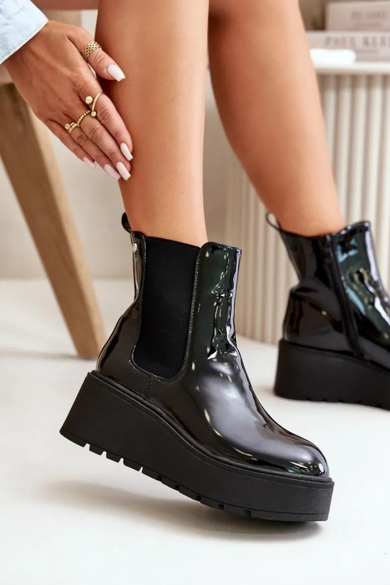 Lakierowane Botki Damskie Na Platformie I Koturnie Ocieplane Czarne Wloedia