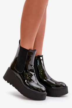 Lakierowane Botki Damskie Na Platformie I Koturnie Ocieplane Czarne Wloedia